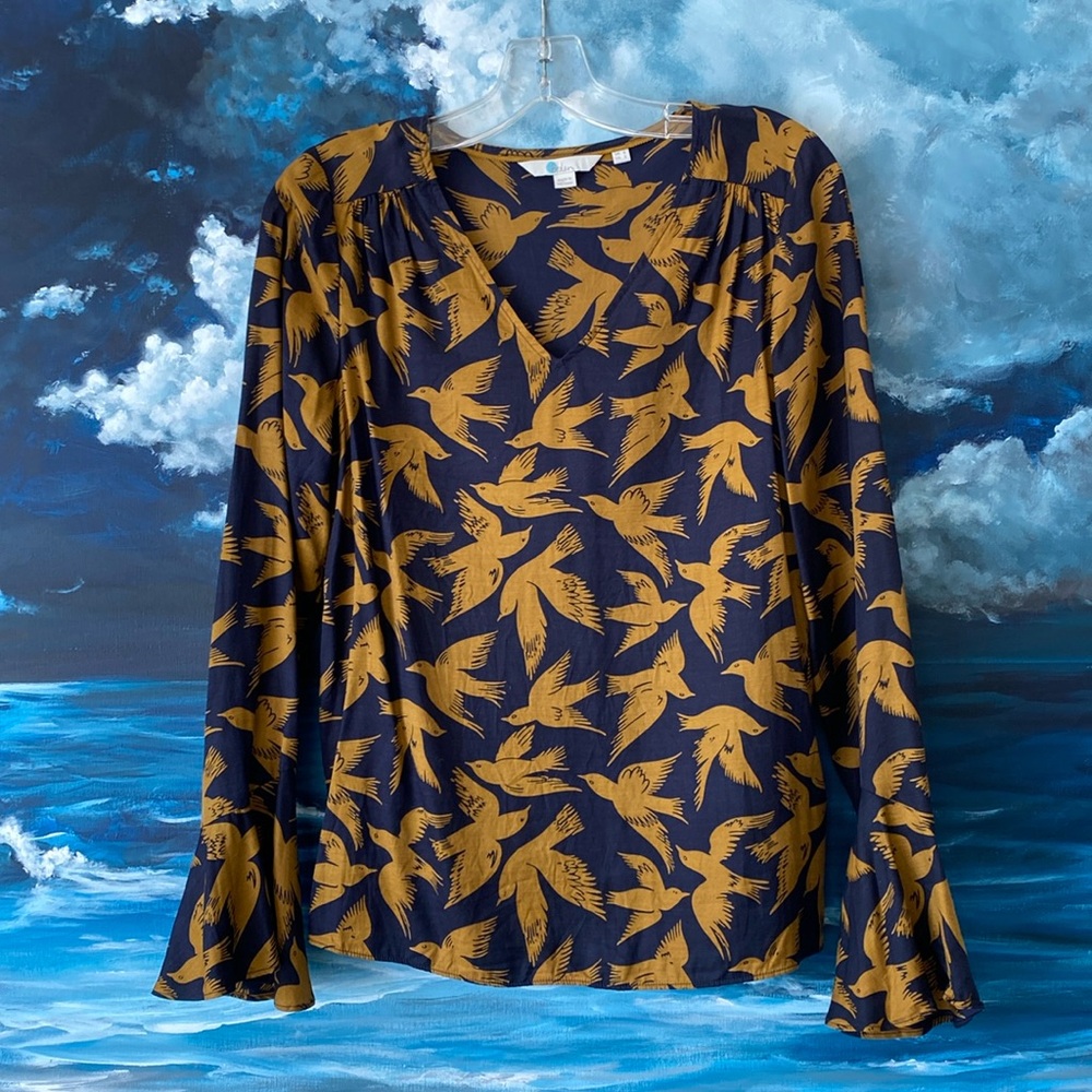 Boden Navy and Mustard Bird Print Blouse